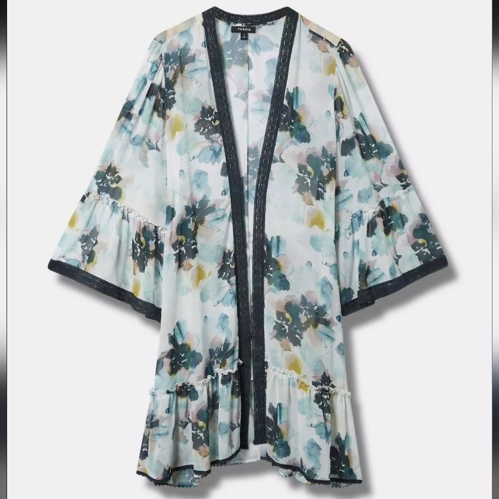 Torrid Floral Midi Chiffon Ruffled Textured Kimono Size Large NWT